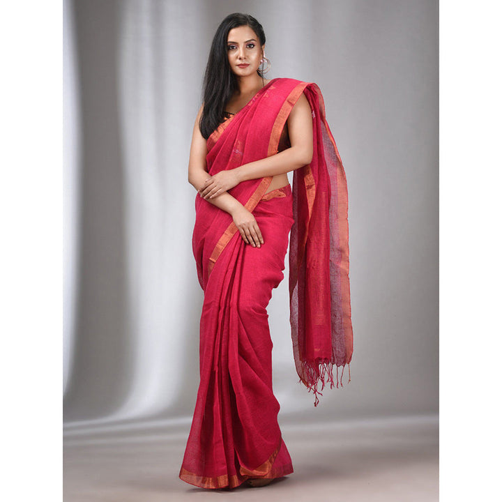 CHARUKRITI Hot Pink Linen Handwoven Saree with Butterfly Motifs with Unstitched Blouse