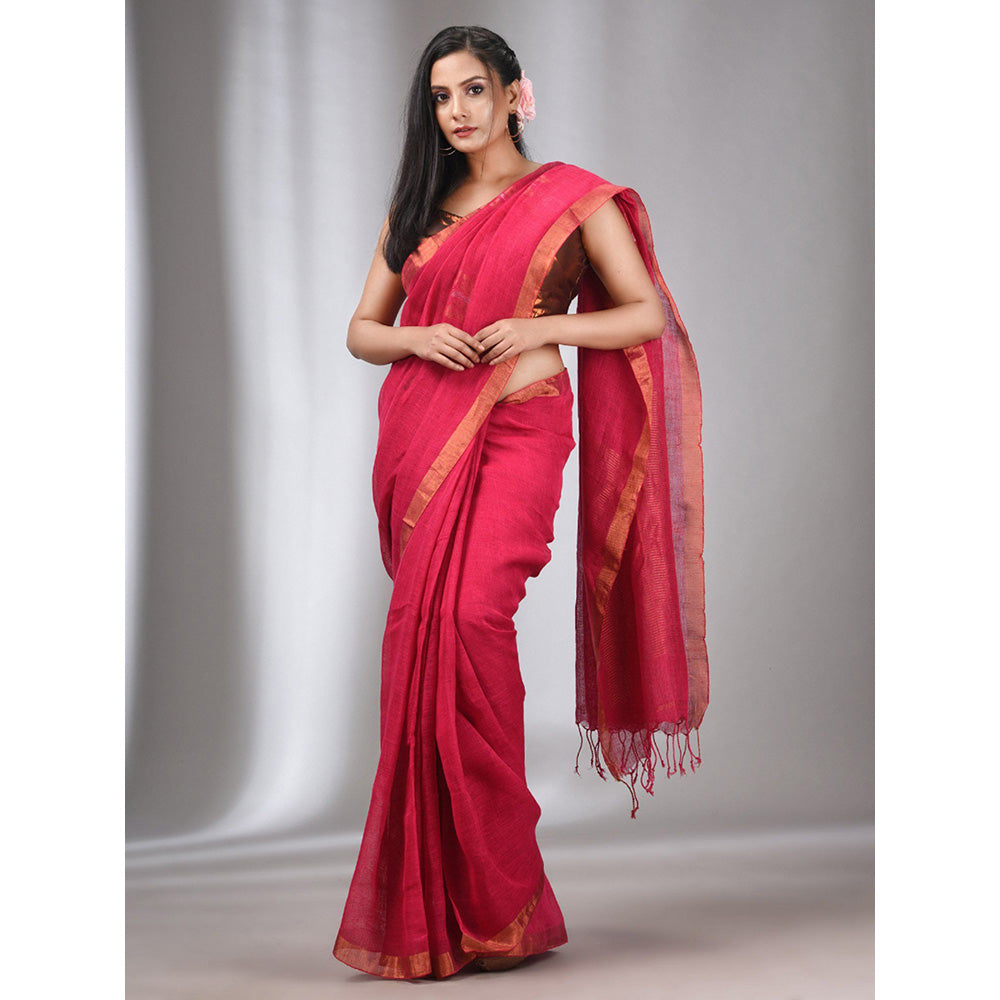 CHARUKRITI Hot Pink Linen Handwoven Saree with Butterfly Motifs with Unstitched Blouse