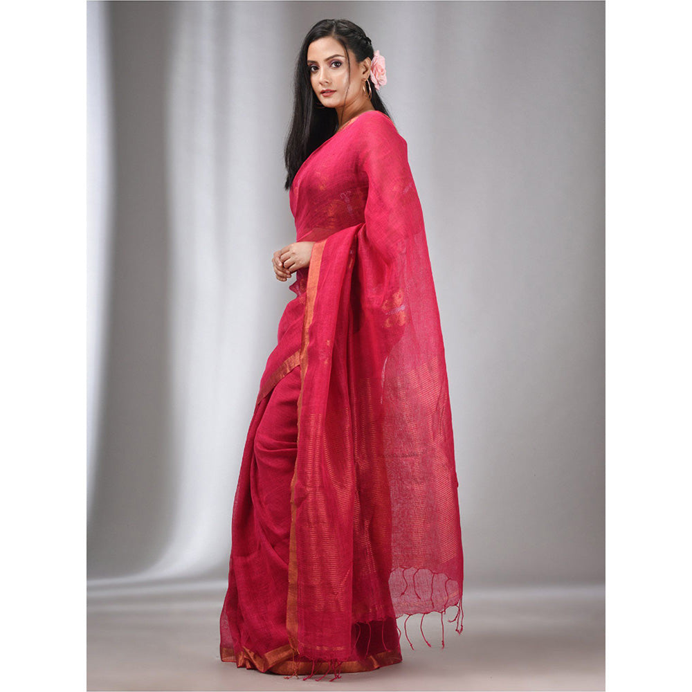 CHARUKRITI Hot Pink Linen Handwoven Saree with Butterfly Motifs with Unstitched Blouse