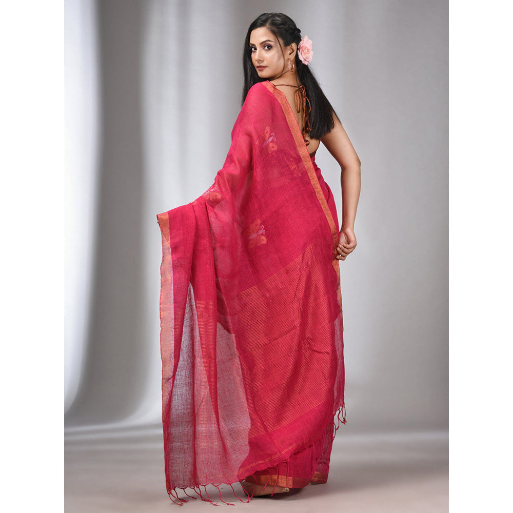 CHARUKRITI Hot Pink Linen Handwoven Saree with Butterfly Motifs with Unstitched Blouse