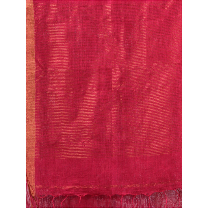 CHARUKRITI Hot Pink Linen Handwoven Saree with Butterfly Motifs with Unstitched Blouse