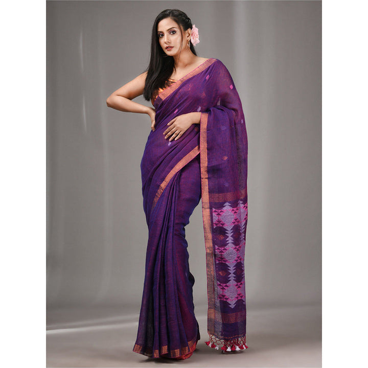 CHARUKRITI Purple Linen Handwoven Saree with Texture Pallu with Unstitched Blouse