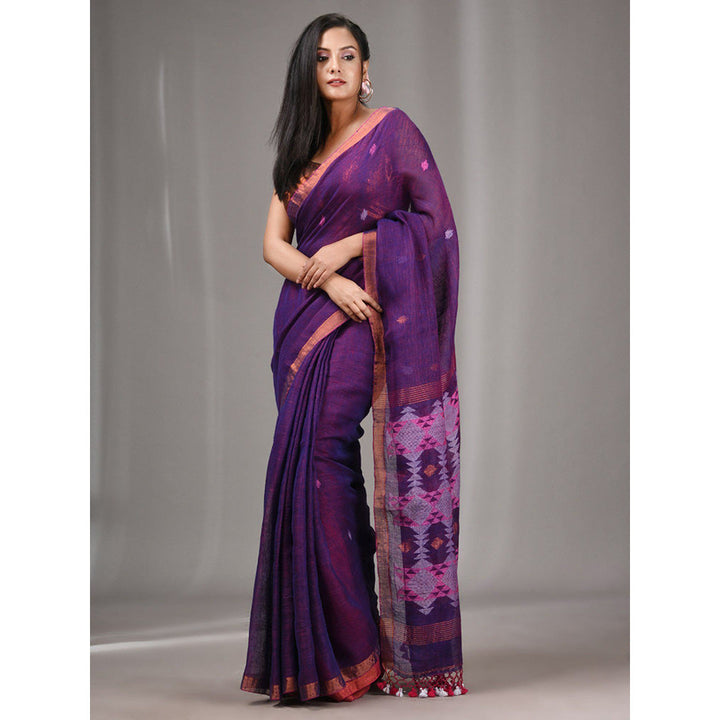 CHARUKRITI Purple Linen Handwoven Saree with Texture Pallu with Unstitched Blouse