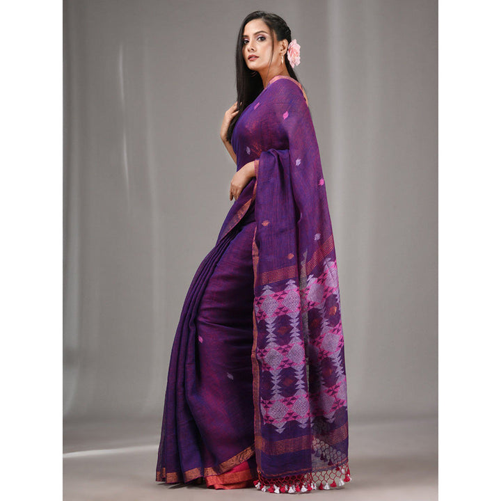 CHARUKRITI Purple Linen Handwoven Saree with Texture Pallu with Unstitched Blouse