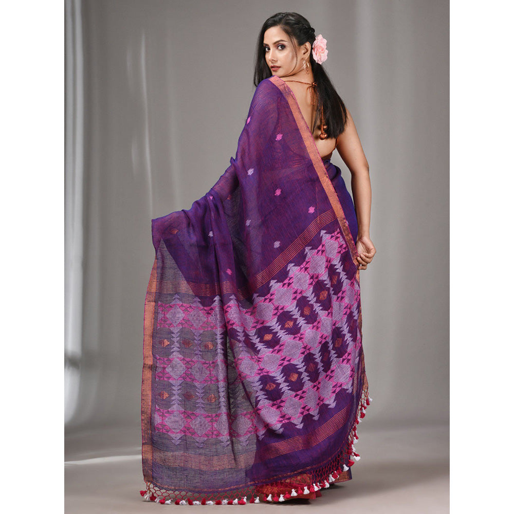 CHARUKRITI Purple Linen Handwoven Saree with Texture Pallu with Unstitched Blouse