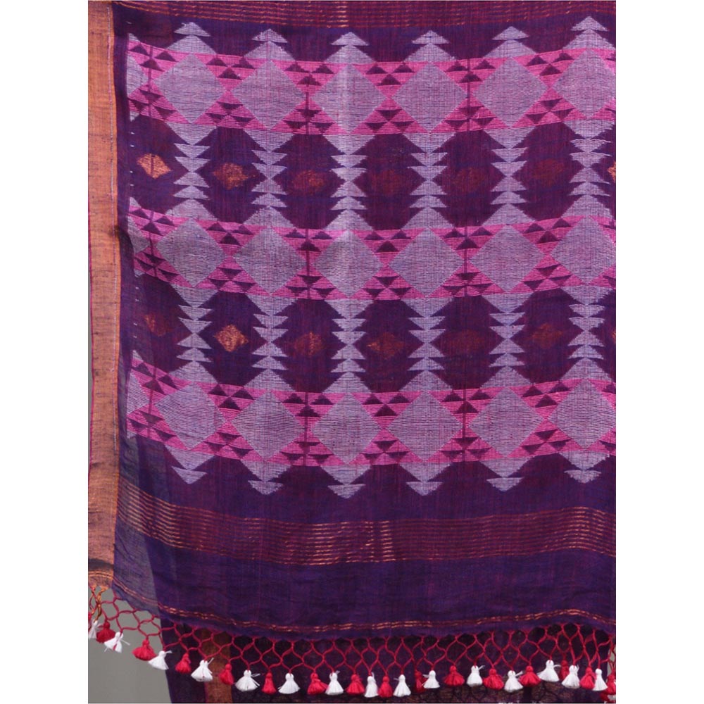 CHARUKRITI Purple Linen Handwoven Saree with Texture Pallu with Unstitched Blouse