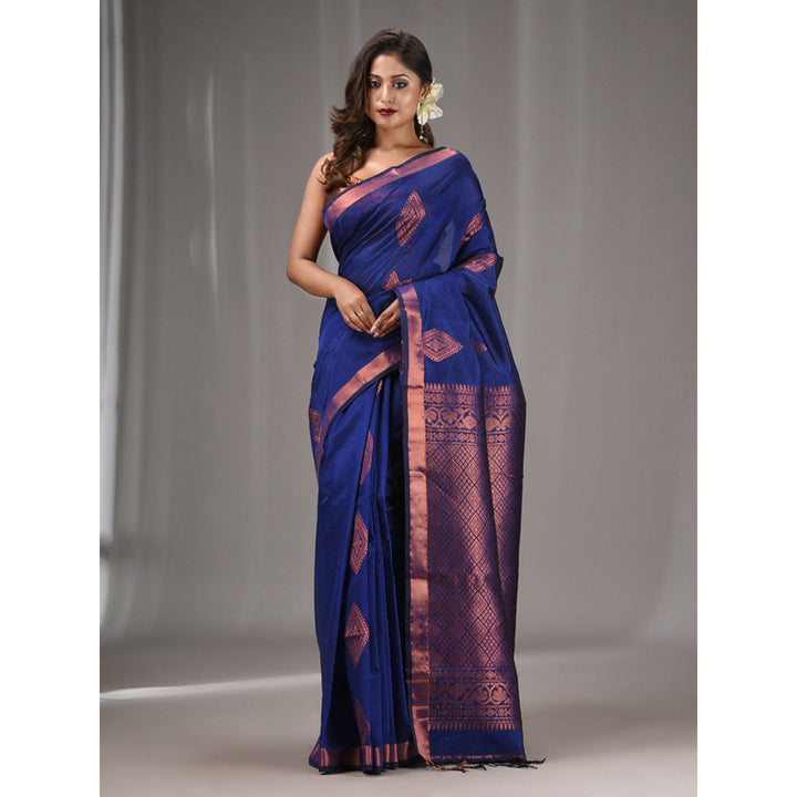 CHARUKRITI Navy Blue Silk Matka Handwoven Saree with Texture Designs with Unstitched Blouse