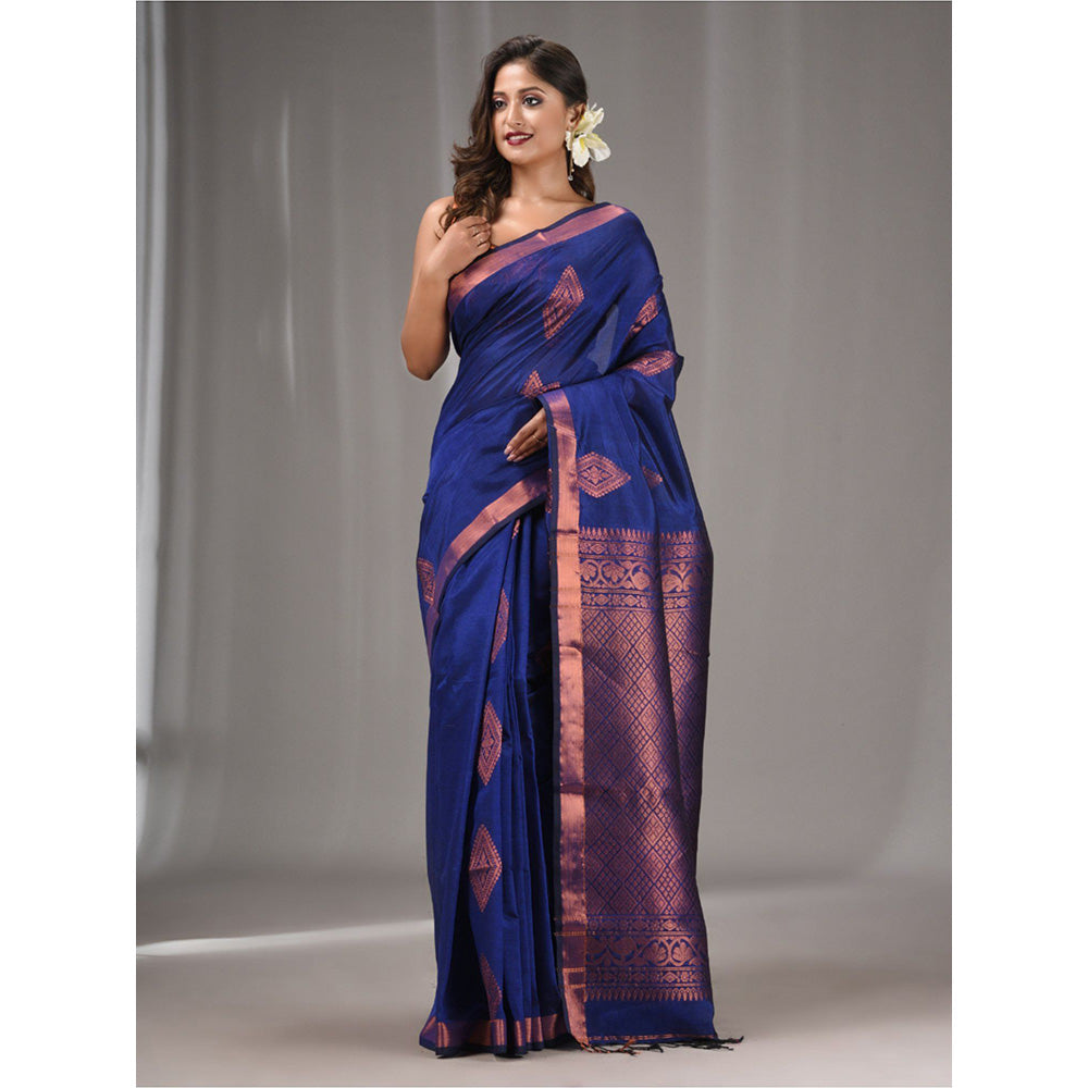 CHARUKRITI Navy Blue Silk Matka Handwoven Saree with Texture Designs with Unstitched Blouse