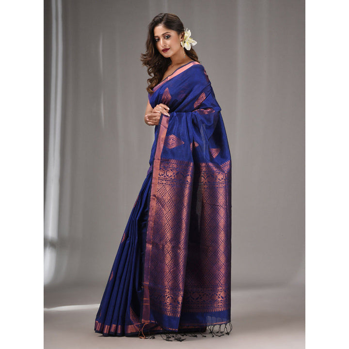 CHARUKRITI Navy Blue Silk Matka Handwoven Saree with Texture Designs with Unstitched Blouse