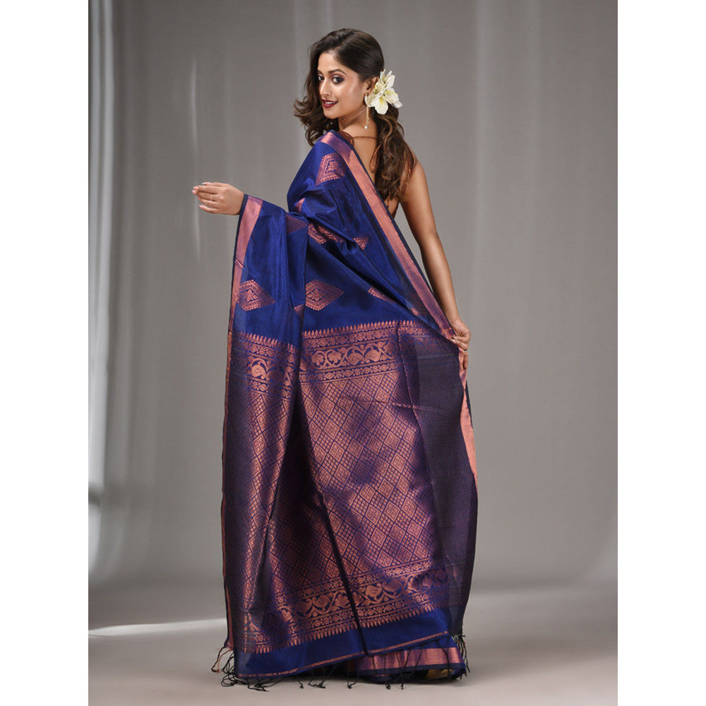 CHARUKRITI Navy Blue Silk Matka Handwoven Saree with Texture Designs with Unstitched Blouse