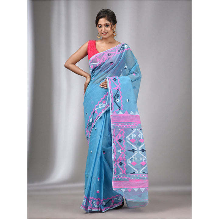 CHARUKRITI Sky Blue Silk Cotton Handwoven Soft Jamdani Saree