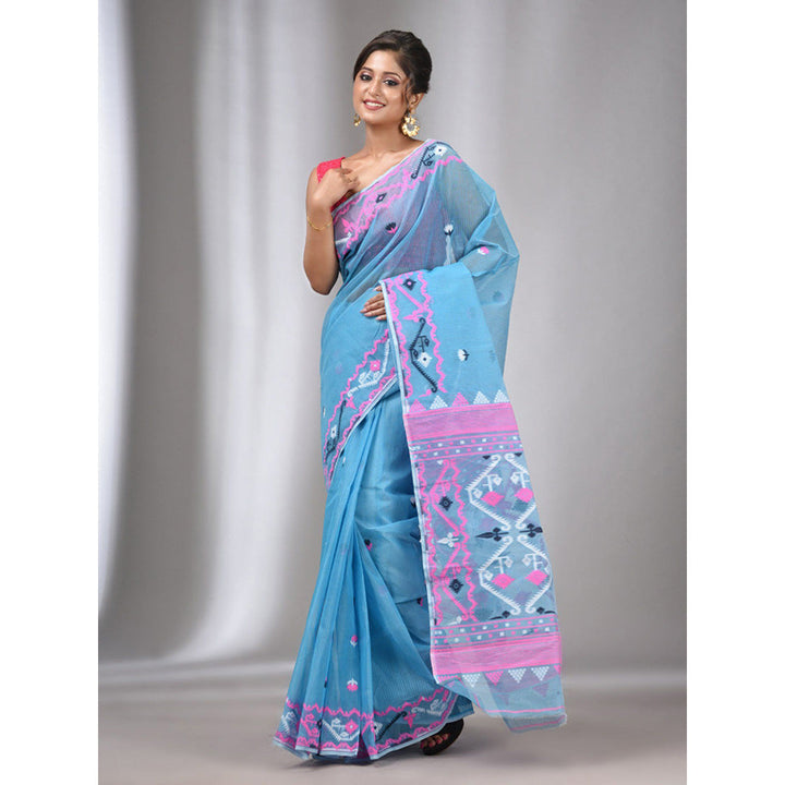 CHARUKRITI Sky Blue Silk Cotton Handwoven Soft Jamdani Saree