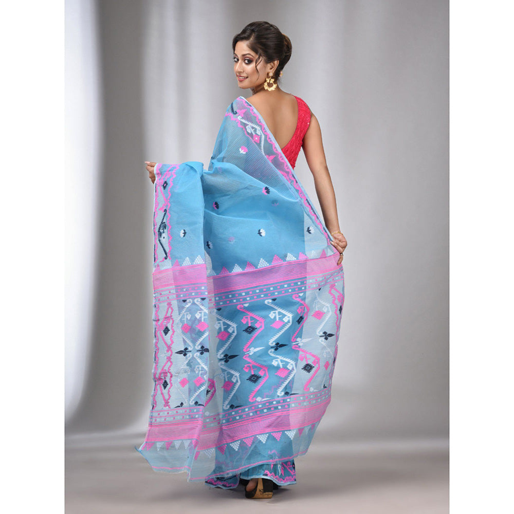 CHARUKRITI Sky Blue Silk Cotton Handwoven Soft Jamdani Saree