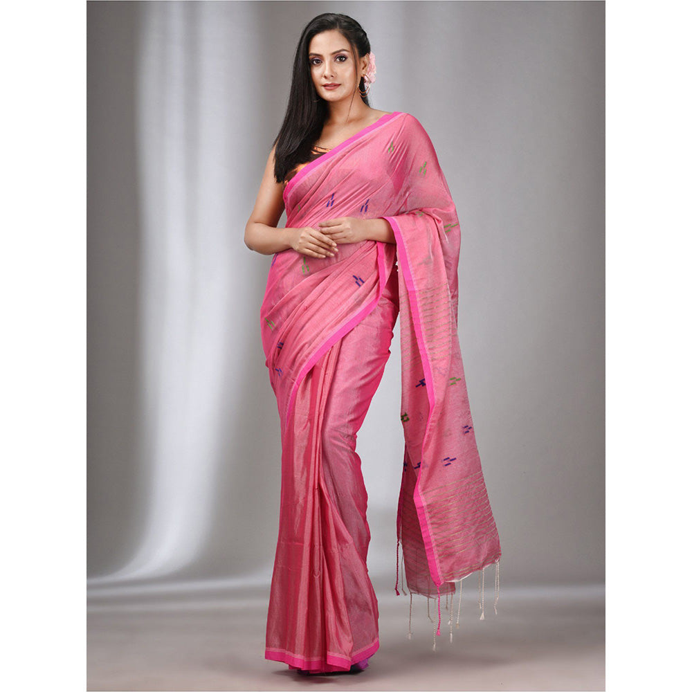 CHARUKRITI Light Pink Tissue Cotton Handspun Handwoven Soft Saree with Stripes Pallu with Unstitched Blouse