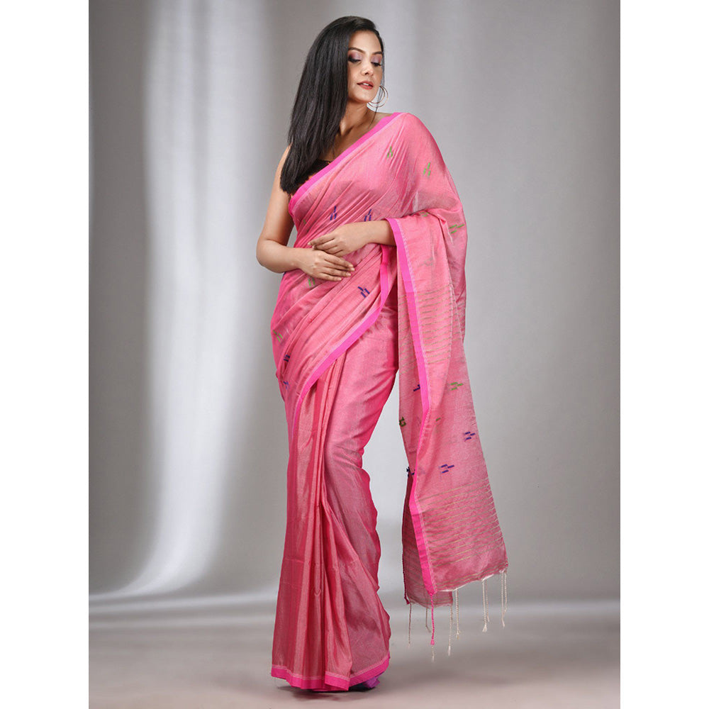 CHARUKRITI Light Pink Tissue Cotton Handspun Handwoven Soft Saree with Stripes Pallu with Unstitched Blouse