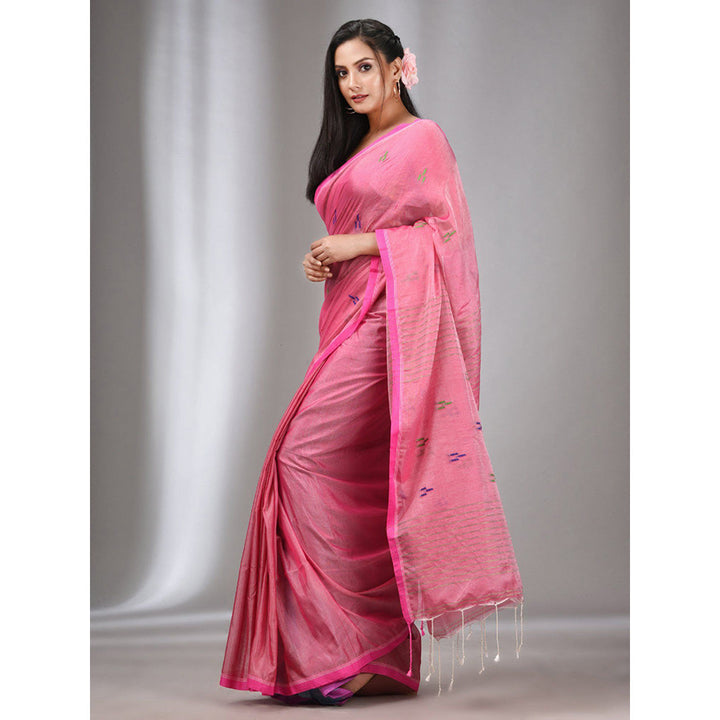 CHARUKRITI Light Pink Tissue Cotton Handspun Handwoven Soft Saree with Stripes Pallu with Unstitched Blouse