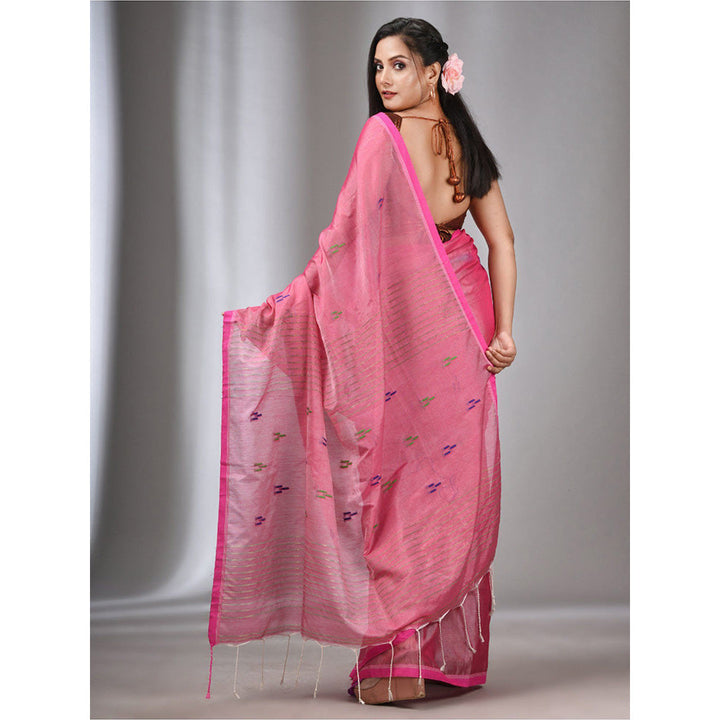 CHARUKRITI Light Pink Tissue Cotton Handspun Handwoven Soft Saree with Stripes Pallu with Unstitched Blouse