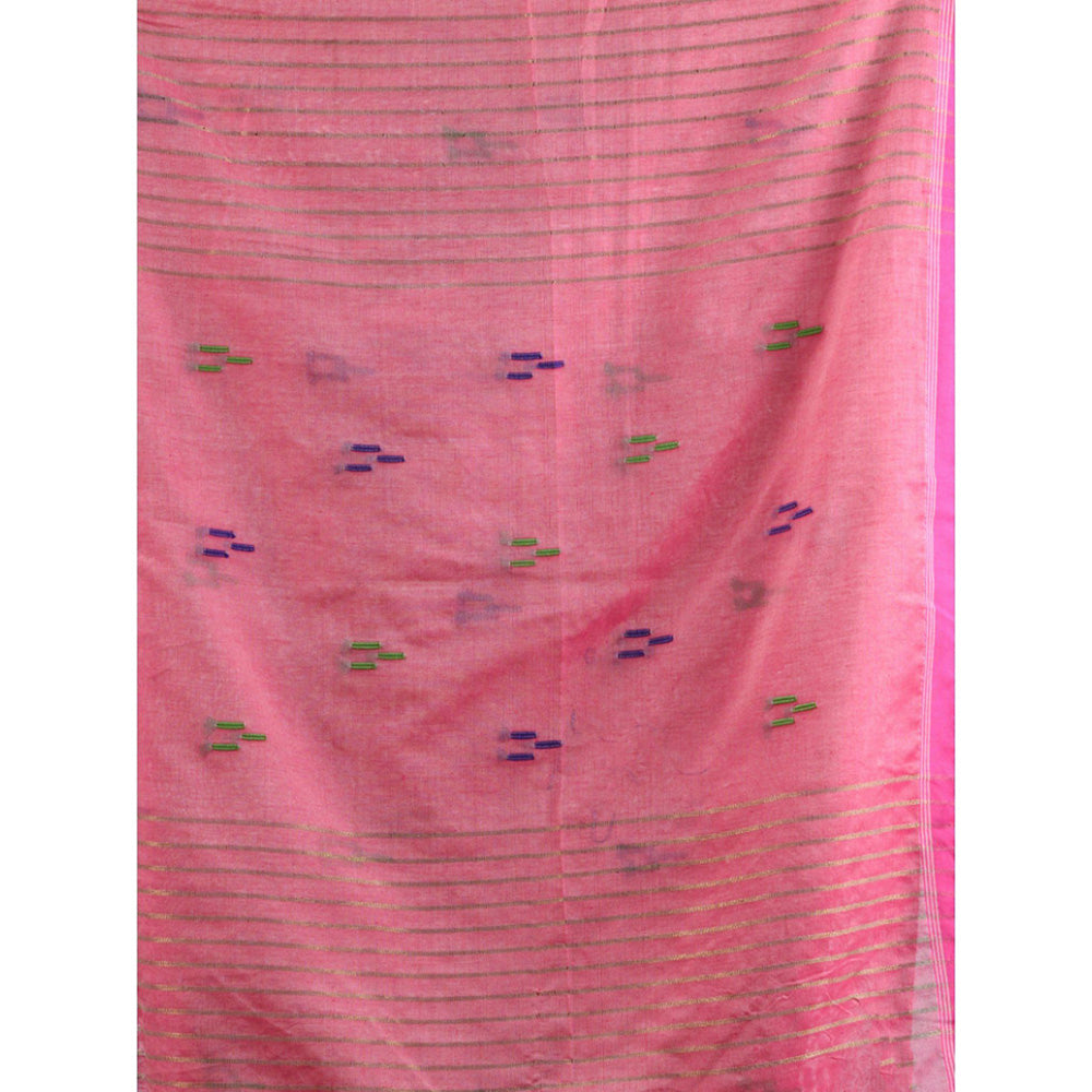 CHARUKRITI Light Pink Tissue Cotton Handspun Handwoven Soft Saree with Stripes Pallu with Unstitched Blouse