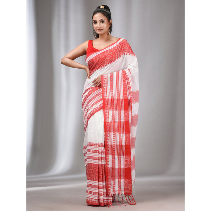 CHARUKRITI White Cotton Handwoven Soft Saree with Texture Designs with Unstitched Blouse