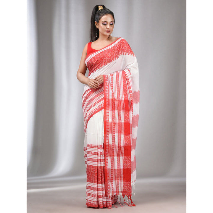 CHARUKRITI White Cotton Handwoven Soft Saree with Texture Designs with Unstitched Blouse