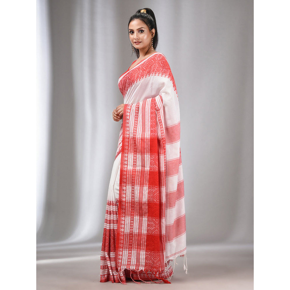 CHARUKRITI White Cotton Handwoven Soft Saree with Texture Designs with Unstitched Blouse