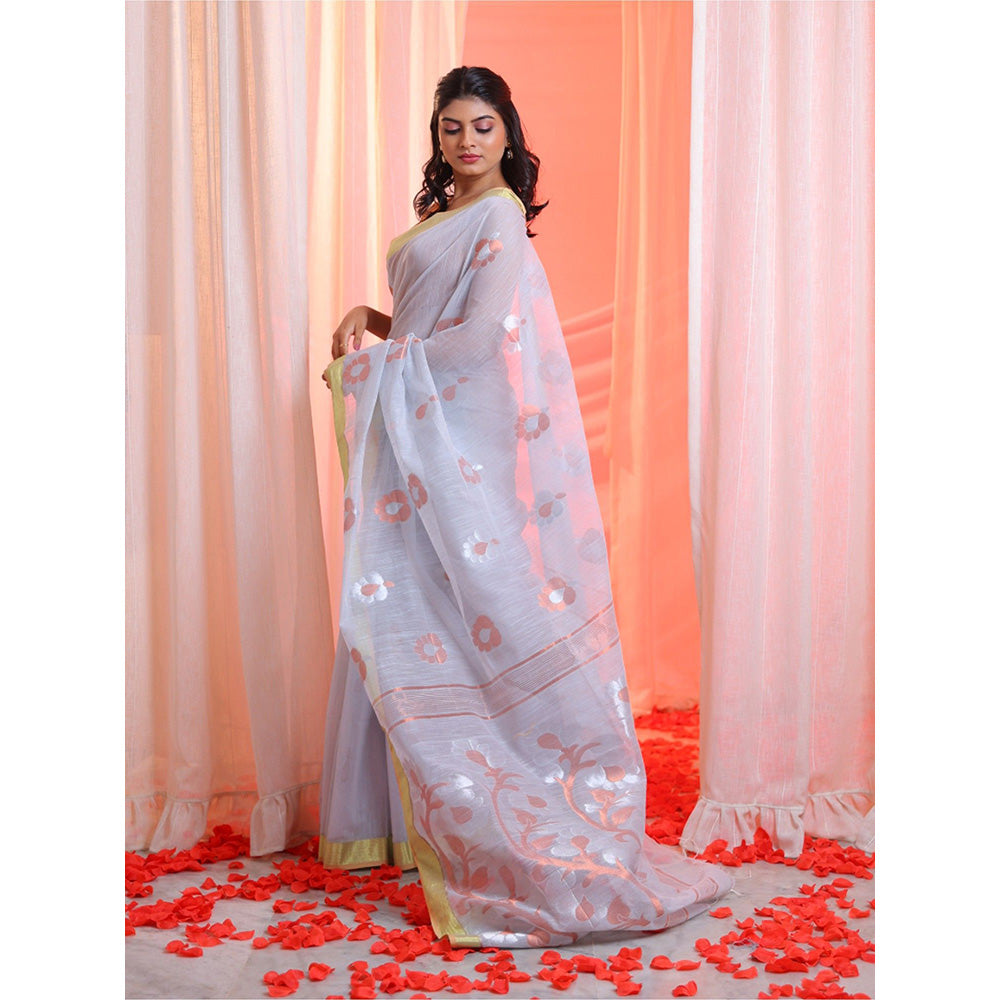 CHARUKRITI Light Grey Cotton Blend Handwoven Zari Border Saree with Unstitched Blouse