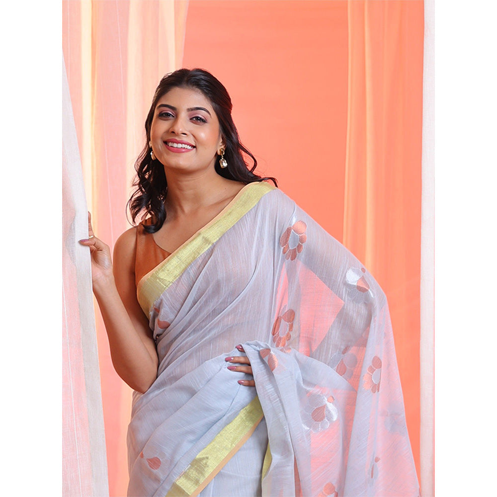 CHARUKRITI Light Grey Cotton Blend Handwoven Zari Border Saree with Unstitched Blouse