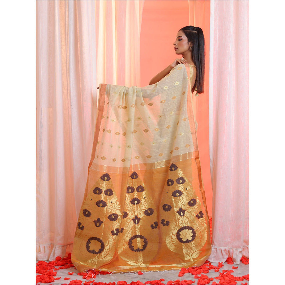 CHARUKRITI Beige Cotton Blend Handwoven Flower Designs Saree with Unstitched Blouse