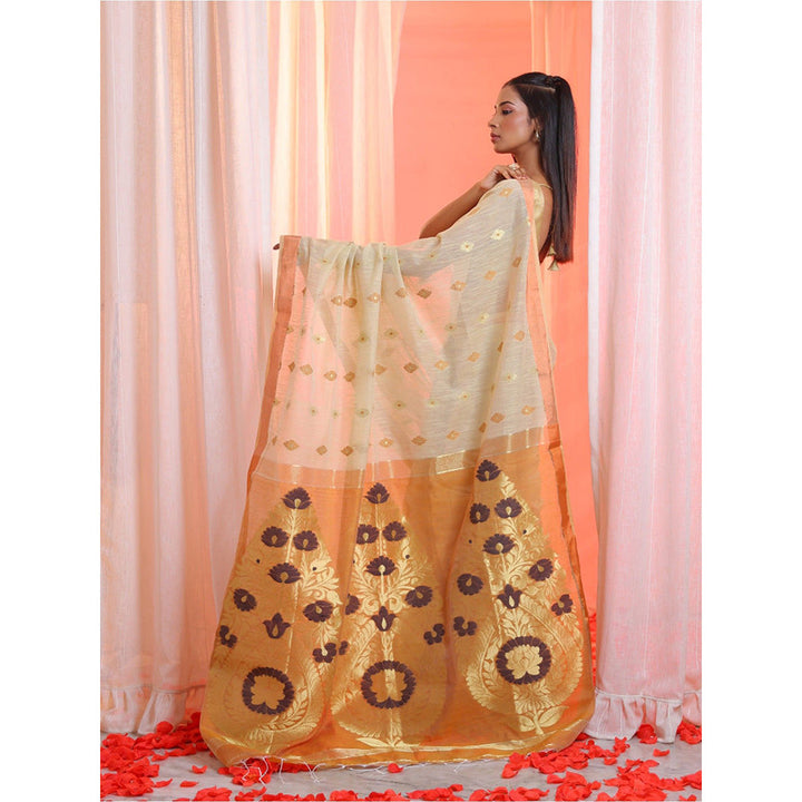 CHARUKRITI Beige Cotton Blend Handwoven Flower Designs Saree with Unstitched Blouse