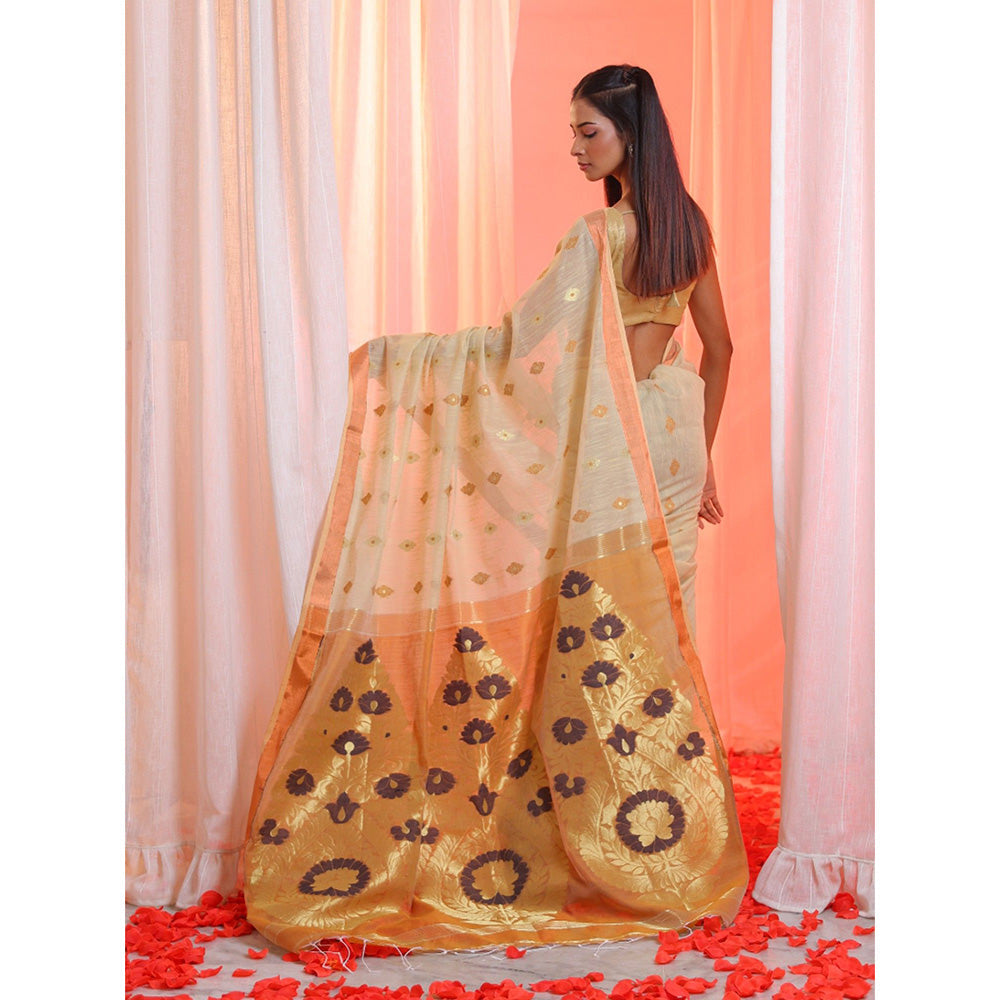 CHARUKRITI Beige Cotton Blend Handwoven Flower Designs Saree with Unstitched Blouse