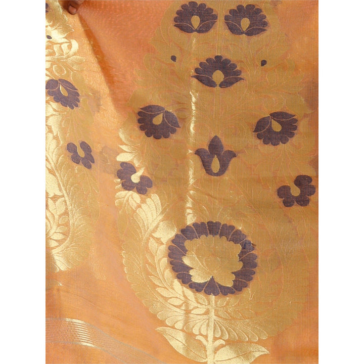 CHARUKRITI Beige Cotton Blend Handwoven Flower Designs Saree with Unstitched Blouse