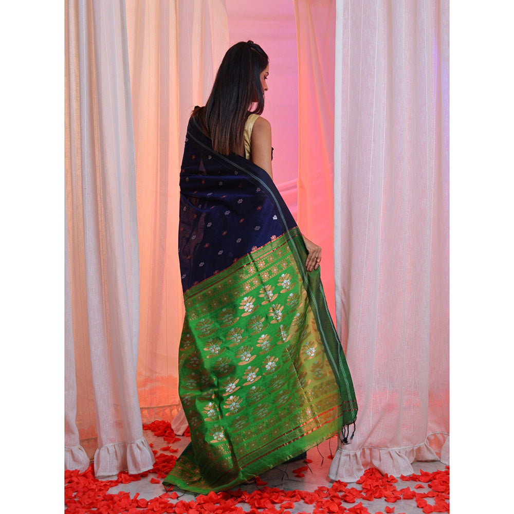 CHARUKRITI Navy Blue Cotton Blend Handwoven Floral Designs Saree with Unstitched Blouse