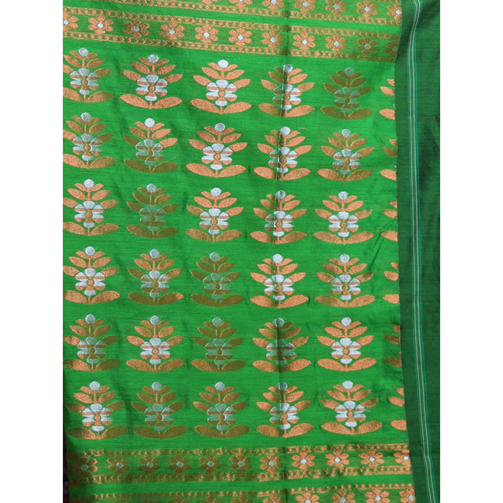 CHARUKRITI Navy Blue Cotton Blend Handwoven Floral Designs Saree with Unstitched Blouse