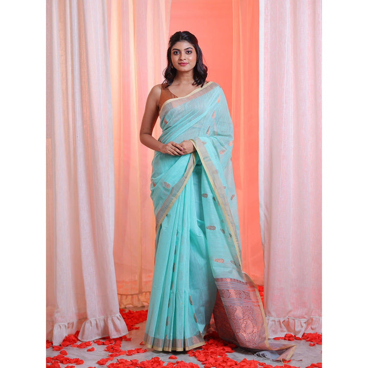 CHARUKRITI Sea Green Cotton Blend Handwoven Saree with Paisley Pallu with Unstitched Blouse