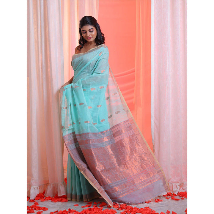 CHARUKRITI Sea Green Cotton Blend Handwoven Saree with Paisley Pallu with Unstitched Blouse