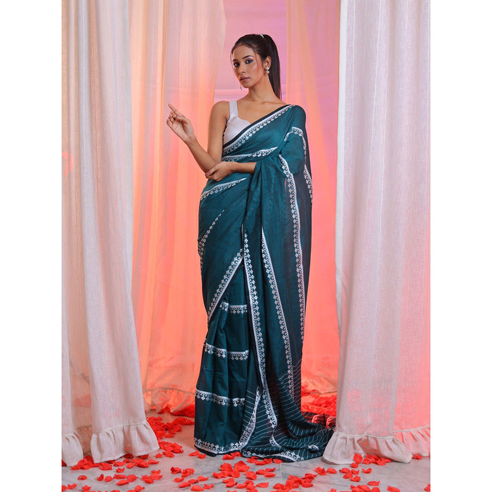 CHARUKRITI Teal Cotton Handwoven Saree with Stripes Pallu