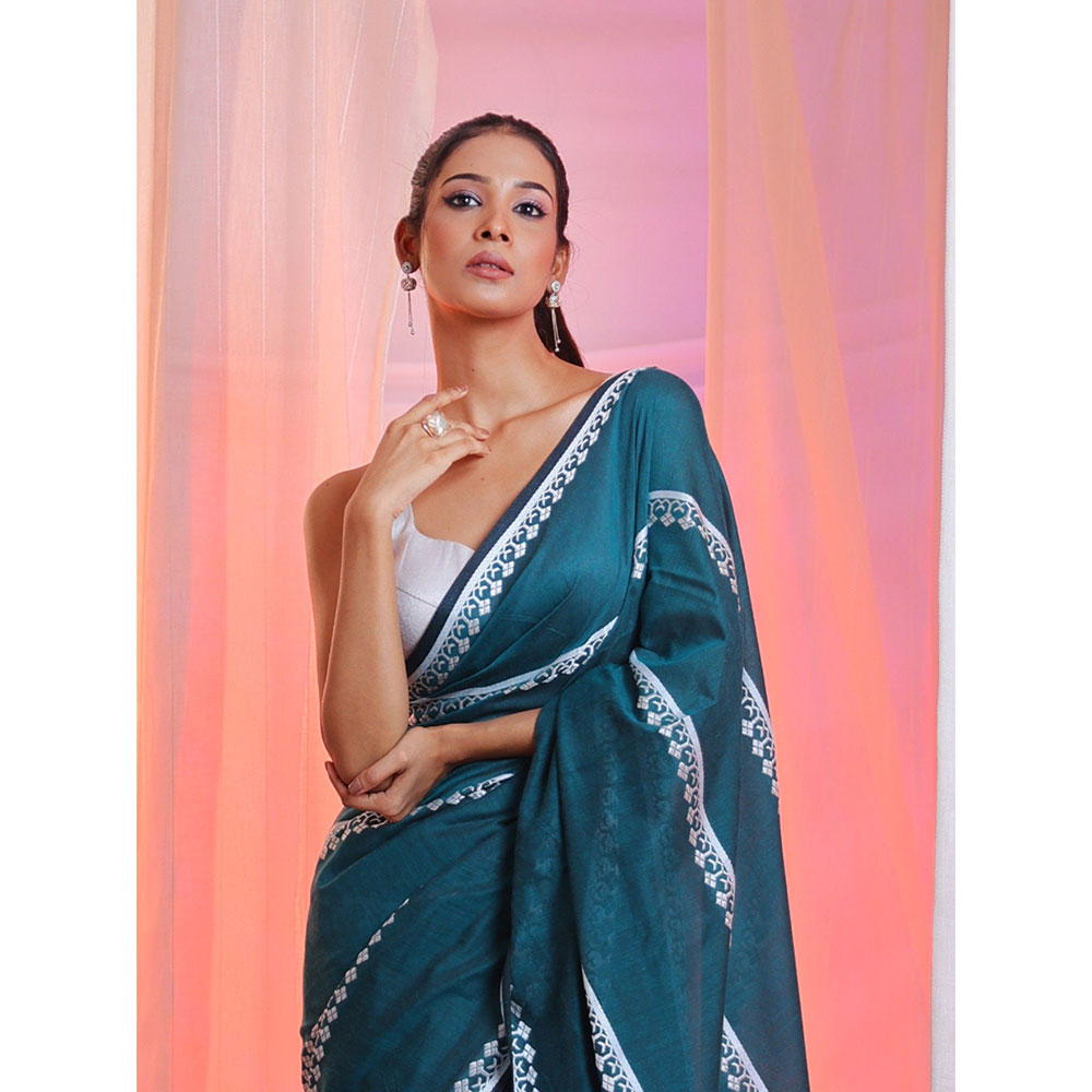 CHARUKRITI Teal Cotton Handwoven Saree with Stripes Pallu