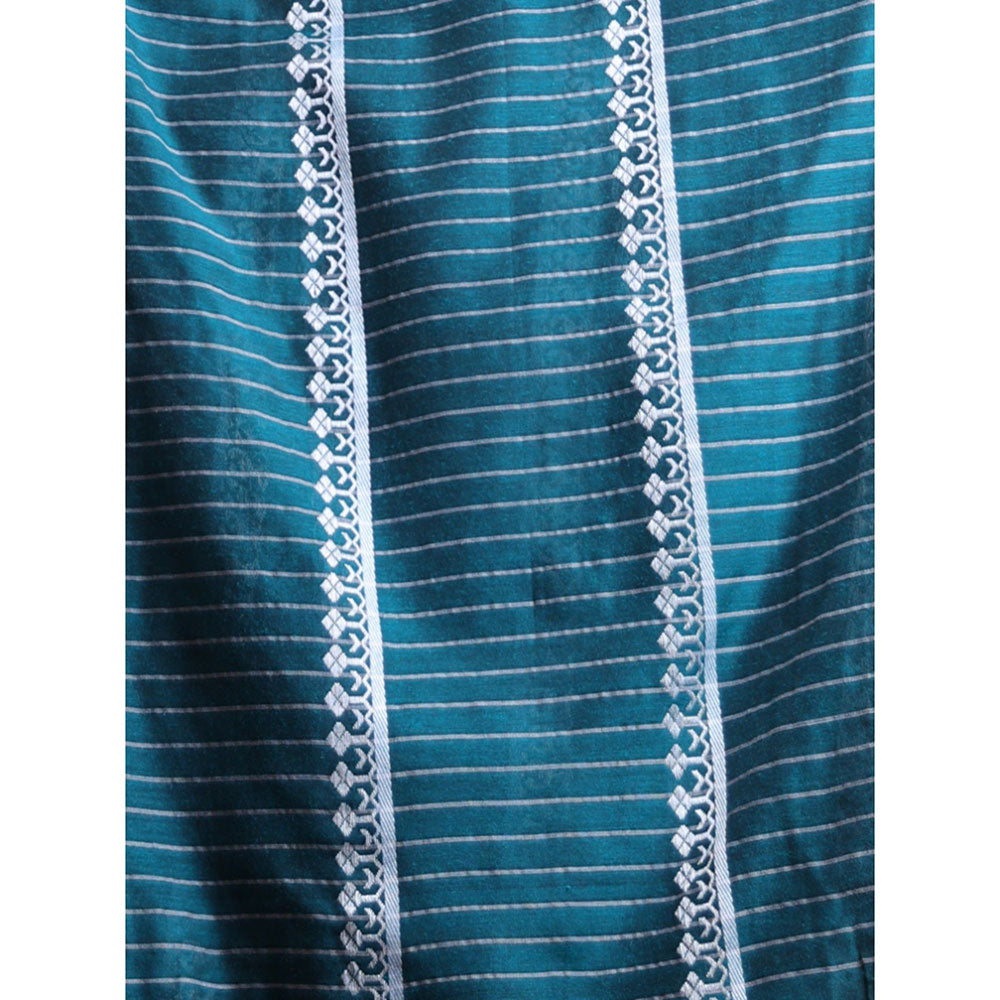 CHARUKRITI Teal Cotton Handwoven Saree with Stripes Pallu