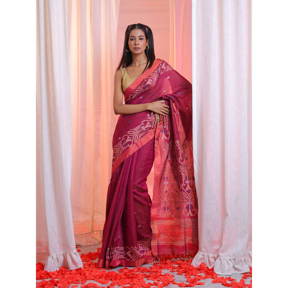 CHARUKRITI Magenta Cotton Handwoven Soft Saree with Jamdani Borders