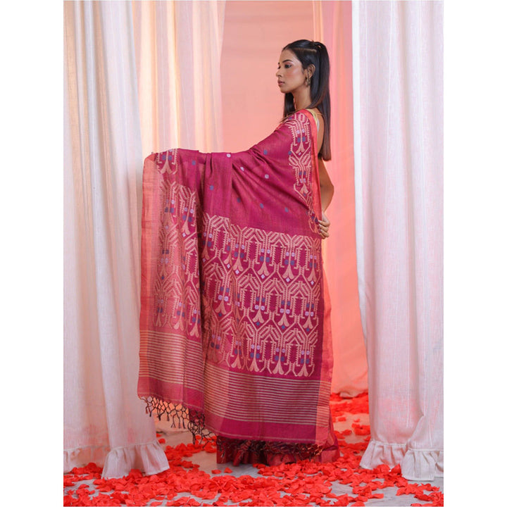 CHARUKRITI Magenta Cotton Handwoven Soft Saree with Jamdani Borders