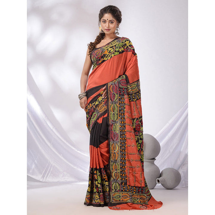 CHARUKRITI Orange And Black Bangalore Silk Kantha Stitch Handwoven Saree with Unstitched Blouse