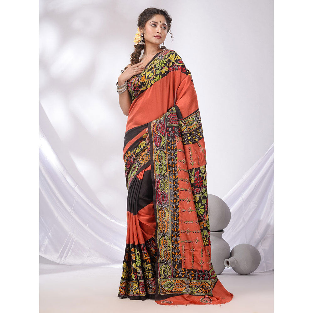 CHARUKRITI Orange And Black Bangalore Silk Kantha Stitch Handwoven Saree with Unstitched Blouse