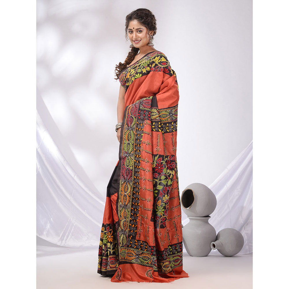 CHARUKRITI Orange And Black Bangalore Silk Kantha Stitch Handwoven Saree with Unstitched Blouse