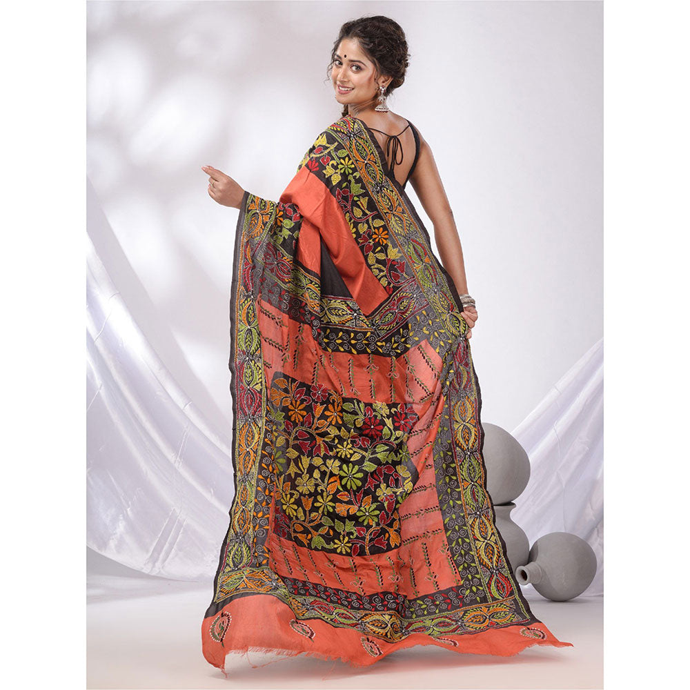 CHARUKRITI Orange And Black Bangalore Silk Kantha Stitch Handwoven Saree with Unstitched Blouse