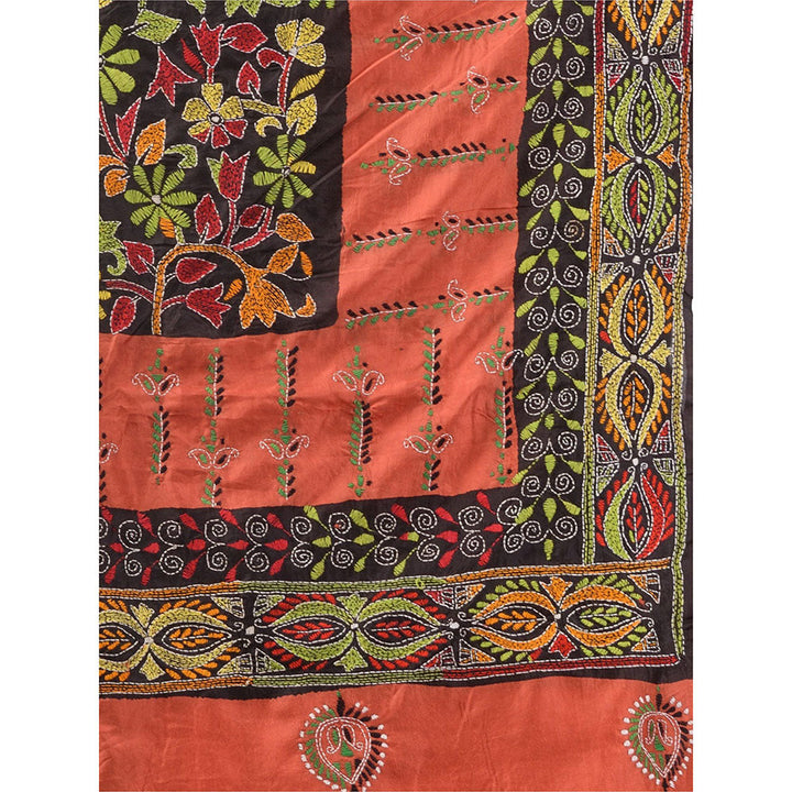 CHARUKRITI Orange And Black Bangalore Silk Kantha Stitch Handwoven Saree with Unstitched Blouse