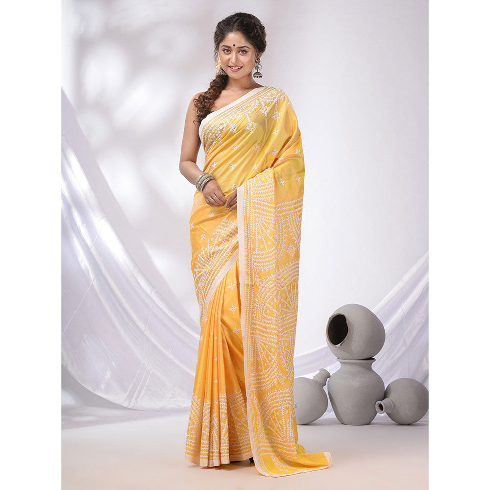 CHARUKRITI Light Yellow Blended Silk Kantha Stitch Handwoven Saree with Unstitched Blouse