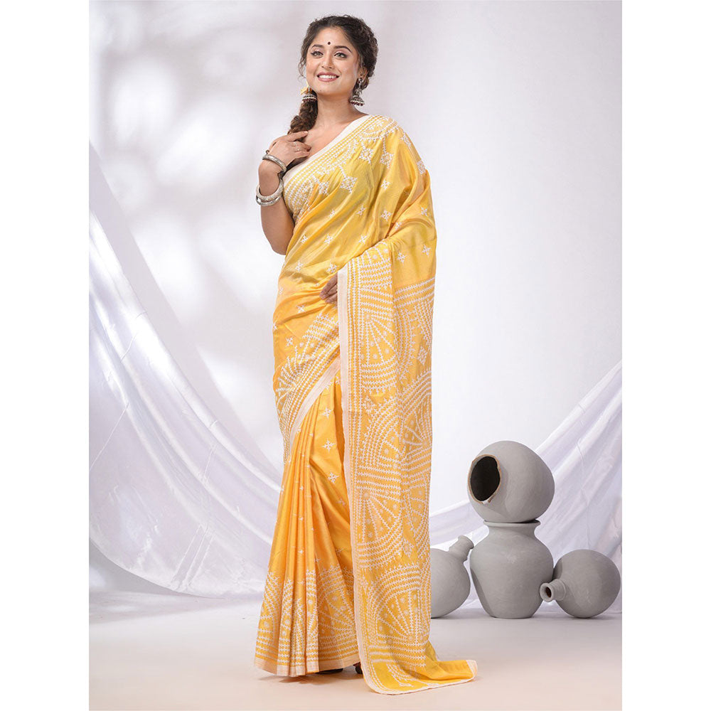 CHARUKRITI Light Yellow Blended Silk Kantha Stitch Handwoven Saree with Unstitched Blouse