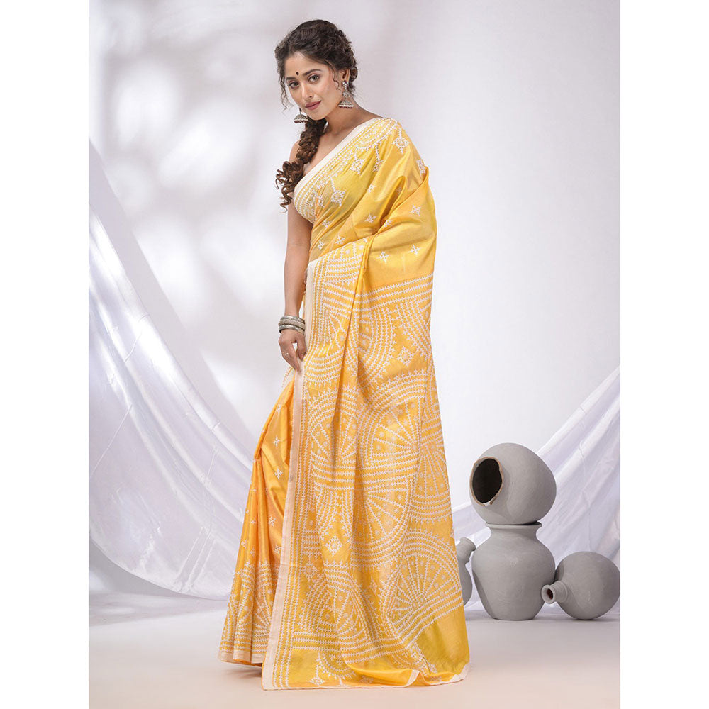 CHARUKRITI Light Yellow Blended Silk Kantha Stitch Handwoven Saree with Unstitched Blouse