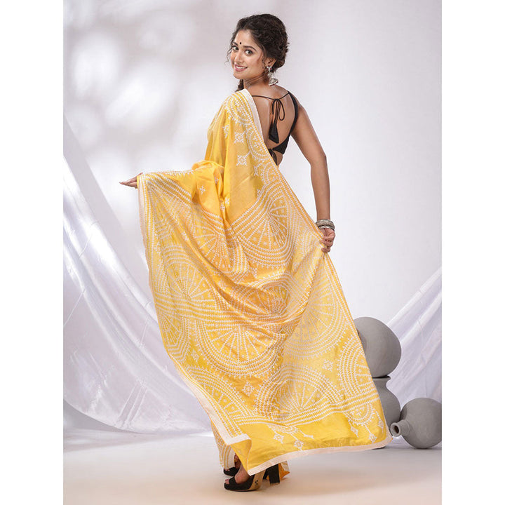 CHARUKRITI Light Yellow Blended Silk Kantha Stitch Handwoven Saree with Unstitched Blouse