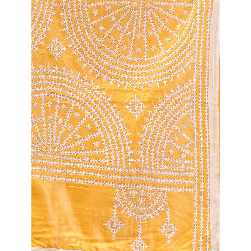 CHARUKRITI Light Yellow Blended Silk Kantha Stitch Handwoven Saree with Unstitched Blouse